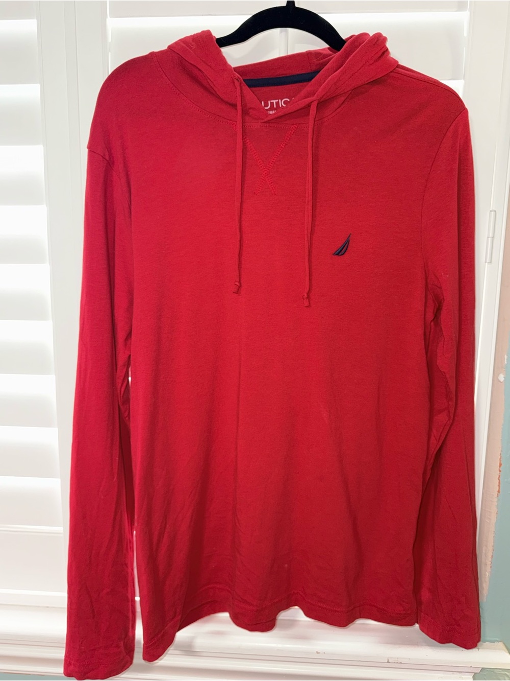 Nautica Red Long Sleeve Hooded Tee with Navy Sail Logo